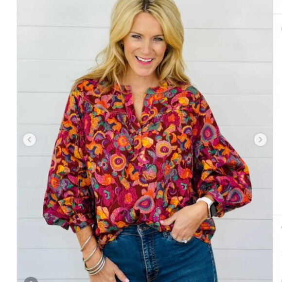 Ivy Jane Poetry In Motion Blouse Balloon Sleeves Fall Floral Colorful Boho Sz L - Picture 1 of 7